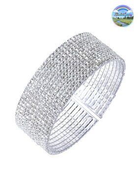 Silvertone Crystal Cuff Bracelet Round Clear Stone Special Occasion